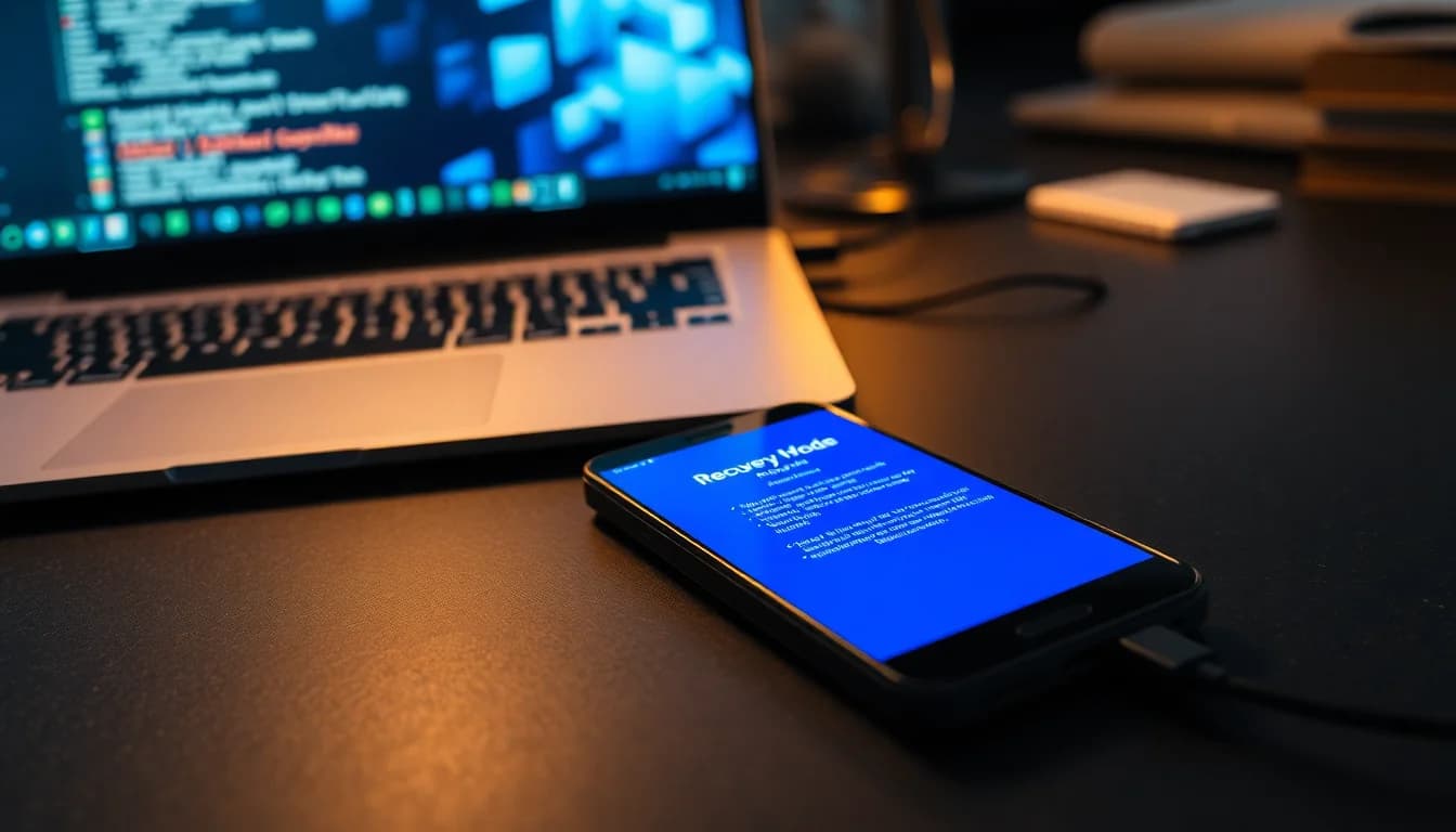 Android phone displaying recovery mode menu screen on a dark slate workbench next to a USB cable connected to a laptop
