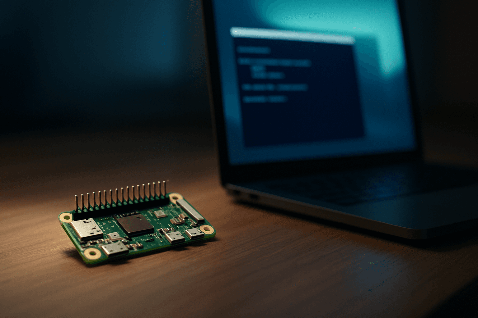 Raspberry Pi Zero WH on a wooden desk next to a laptop showing an SSH terminal with permission denied error message