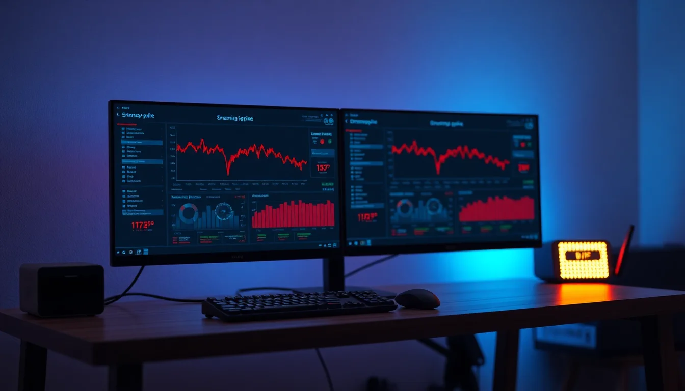 A gaming PC setup on a desk showing high ping spikes on a streaming dashboard with router visible in background