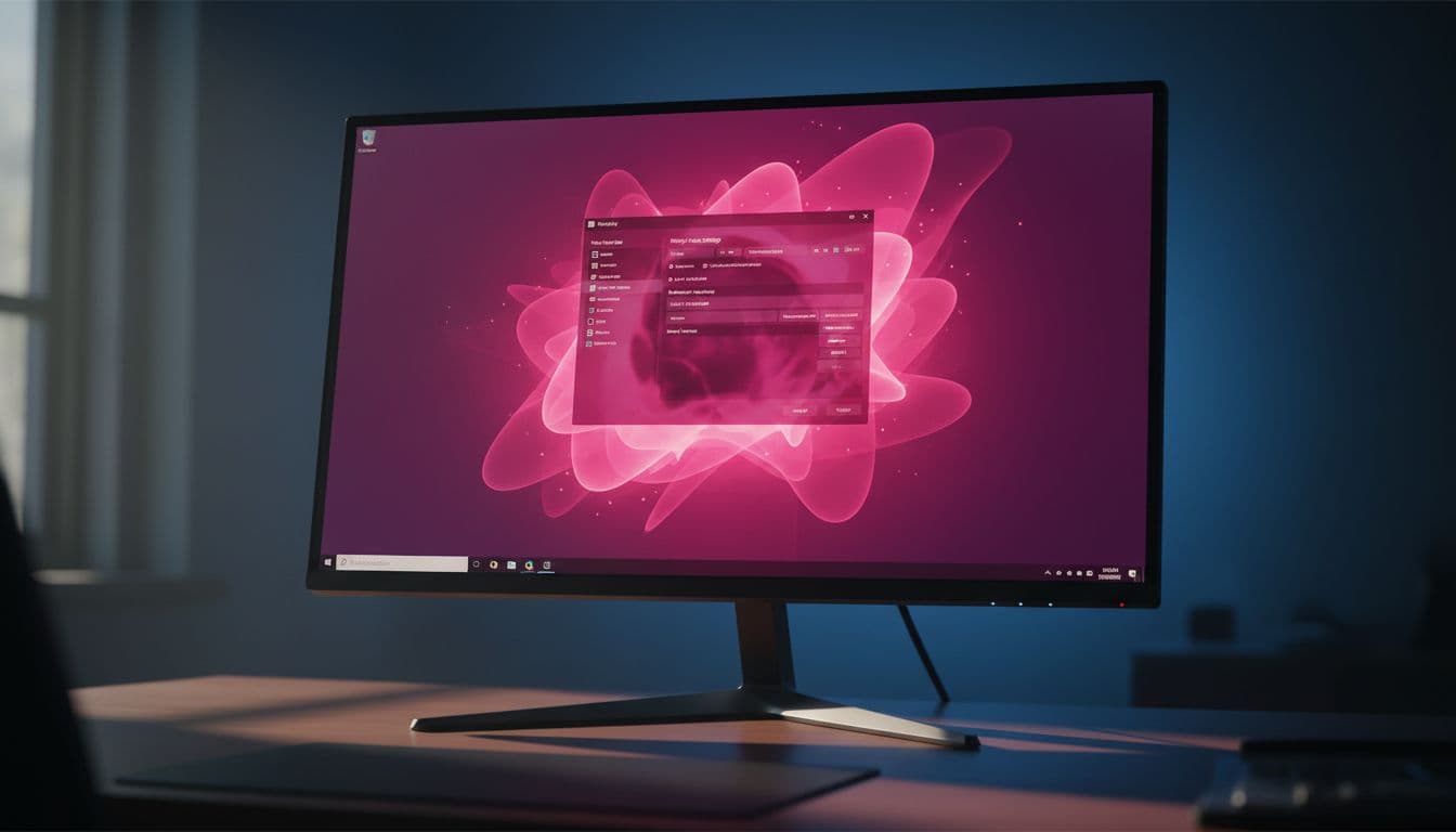 Windows desktop PC monitor glowing with a strong pink tint on a dark office desk showing colour settings panel