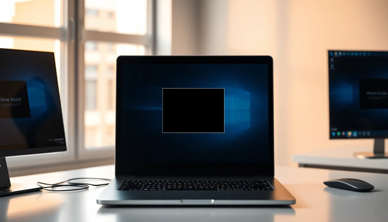 Windows laptop displaying PowerPoint presentation with black screen where embedded video should play, warm desk lighting, focused professional atmosphere