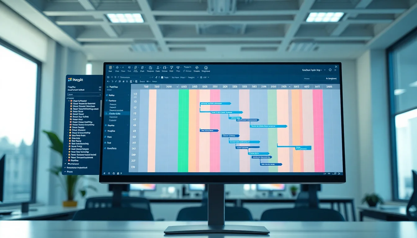 Microsoft Project Gantt chart on desktop monitor showing predecessor and successor task links with dependency arrows connecting tasks horizontally