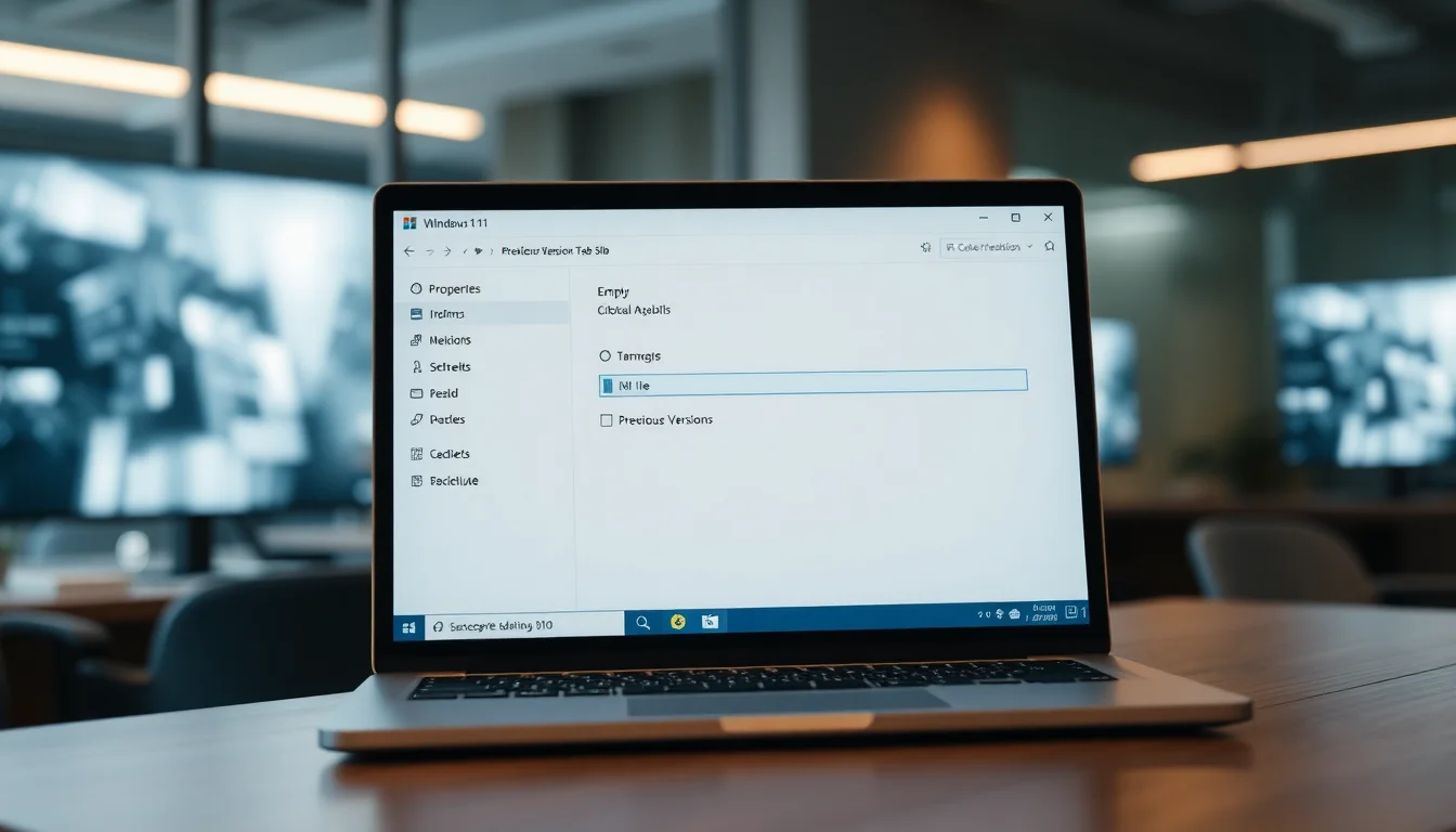 Windows 11 file properties dialog showing missing Previous Versions tab, clean modern desktop setup with focused blue lighting on monitor screen