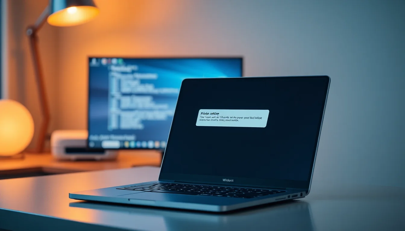 Windows 11 laptop displaying printer offline error message on screen, sitting on modern desk with printer in background, soft warm lighting from desk lamp, focused and professional atmosphere