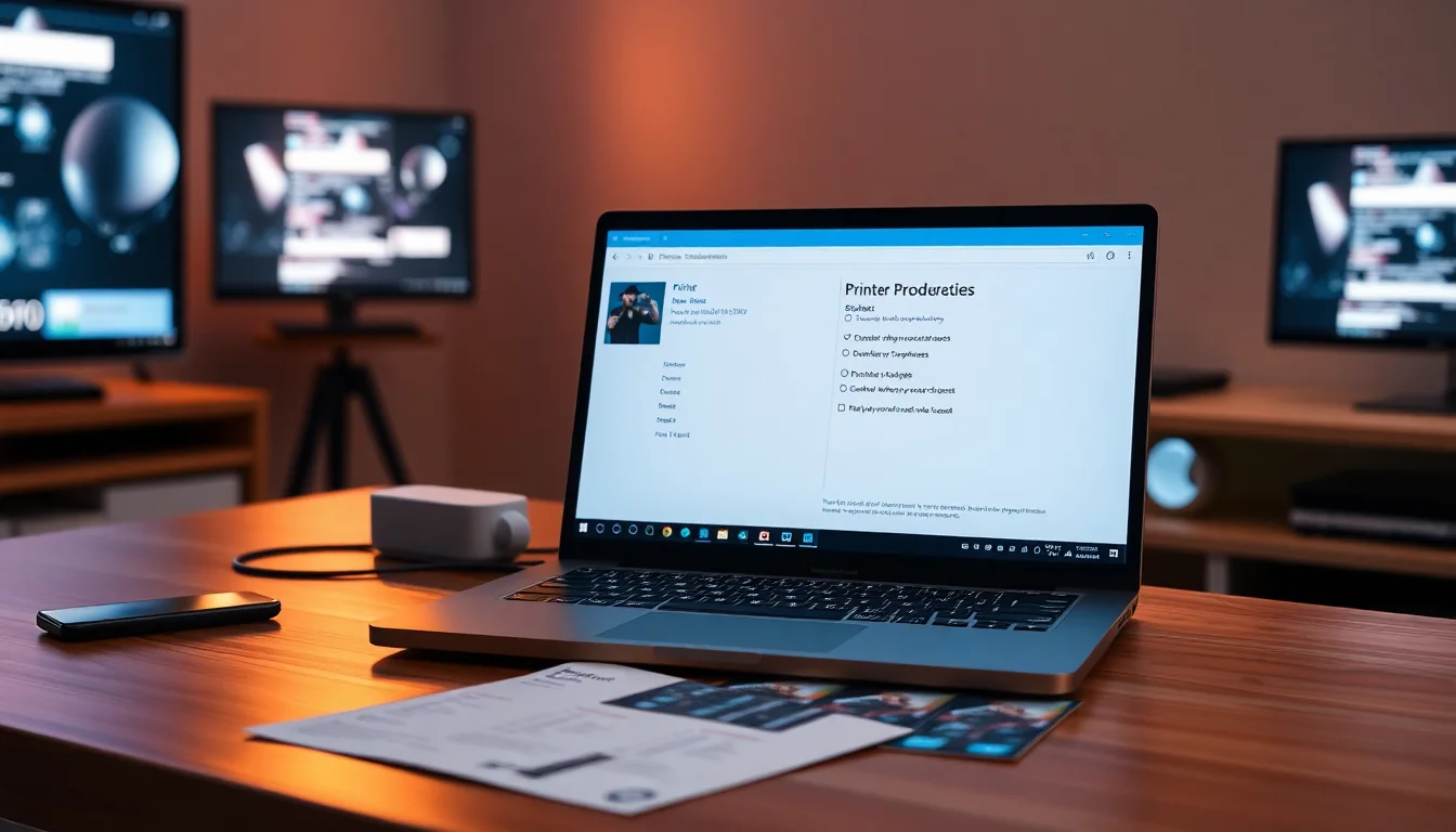 Windows 11 laptop on a desk showing a printer dialog with card scaling settings next to a printed sheet of MTG proxy cards