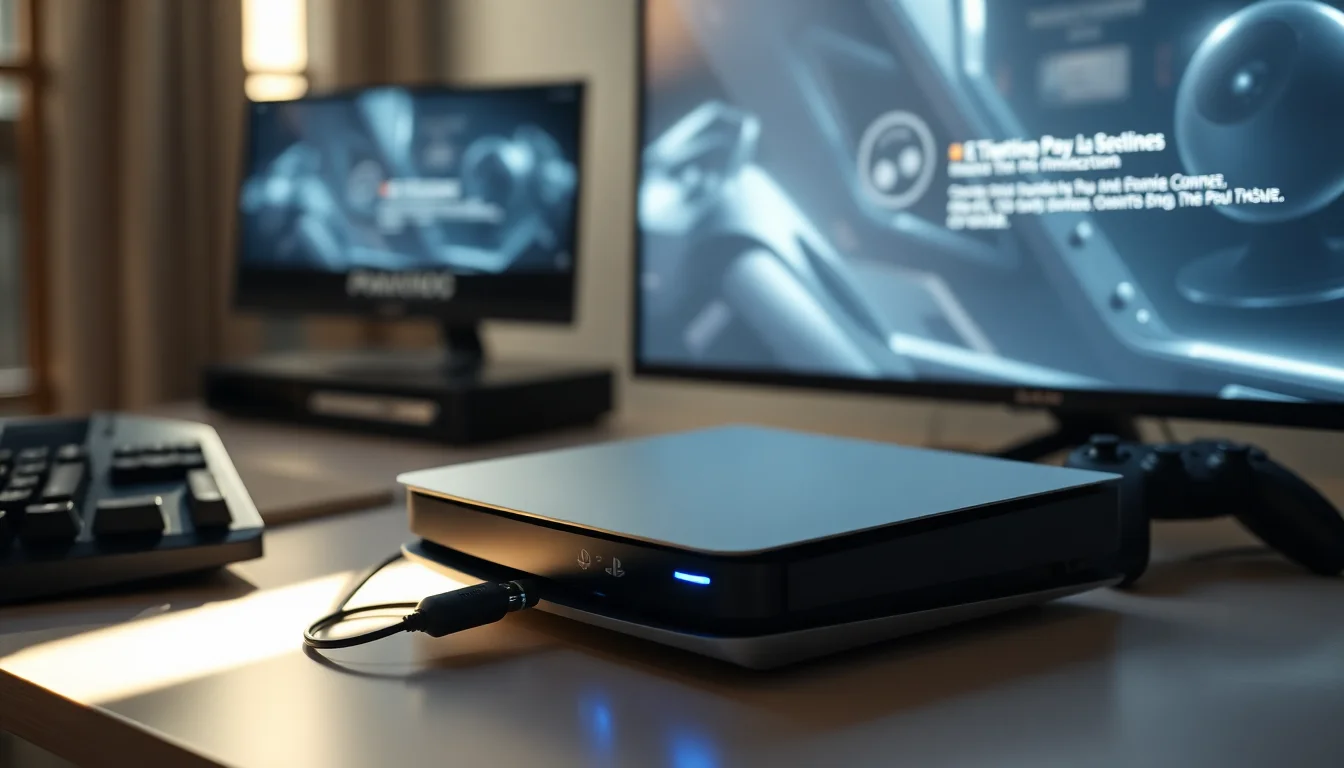 PS5 console with USB cable connected to external drive, game controller visible, modern gaming desk setup with clipboard showing file transfer checklist