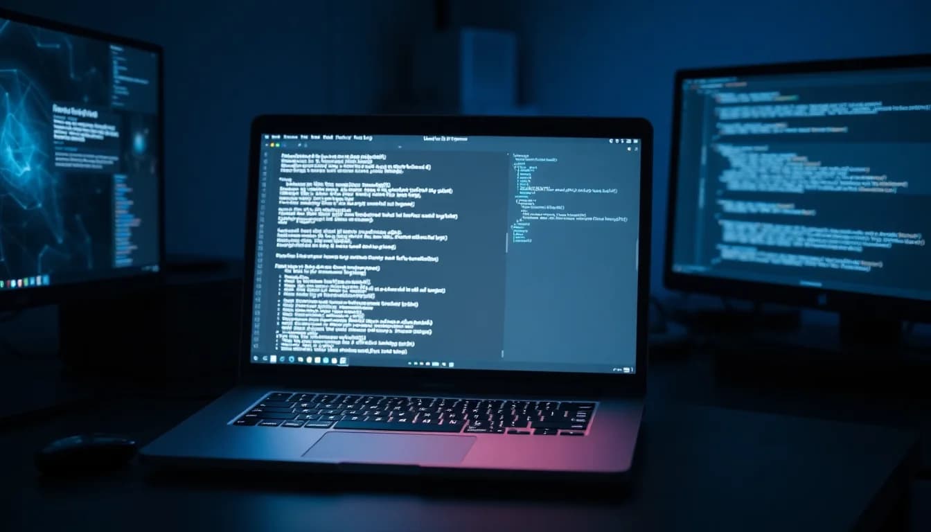 Python code editor on a dark desk displaying PDF parsing error output with terminal logs visible on screen