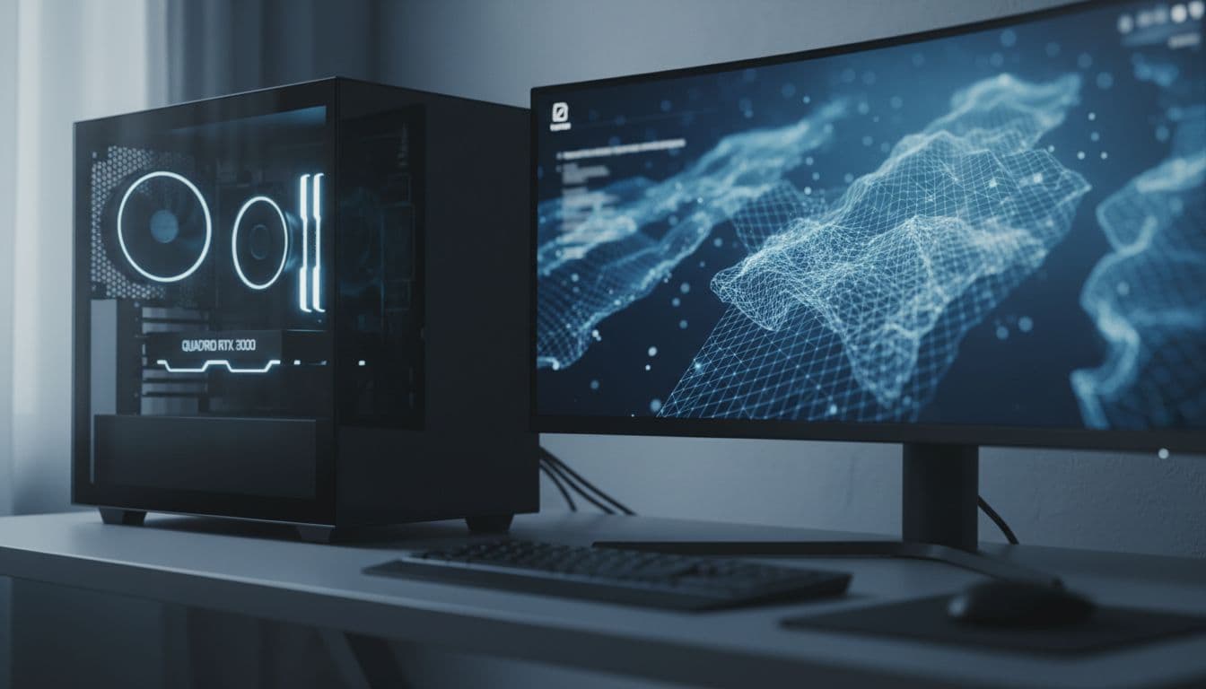 NVIDIA Quadro RTX 3000 graphics card installed in a professional workstation tower on a clean desk showing NVIDIA Control Panel open on a monitor