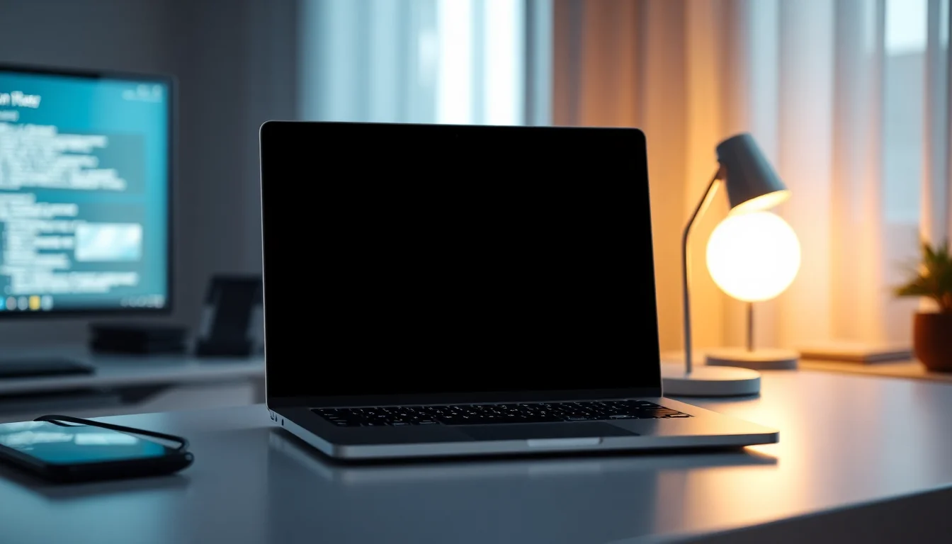 Windows laptop screen showing black display with cursor visible, set on modern desk with warm desk lamp lighting from left side, calm focused atmosphere
