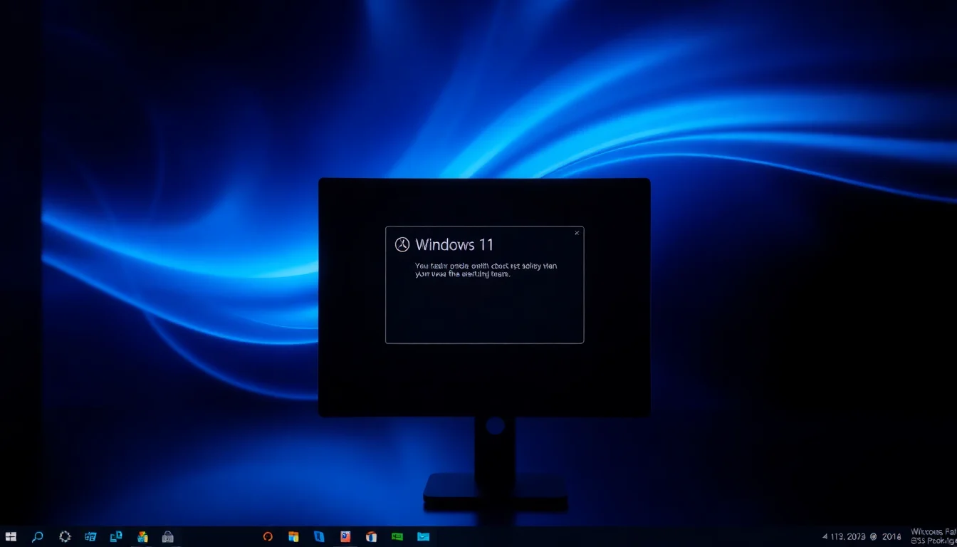 Windows desktop showing unwanted pop-up window notification in center of screen with system taskbar visible below, bright white window against dark desktop background, clean office environment