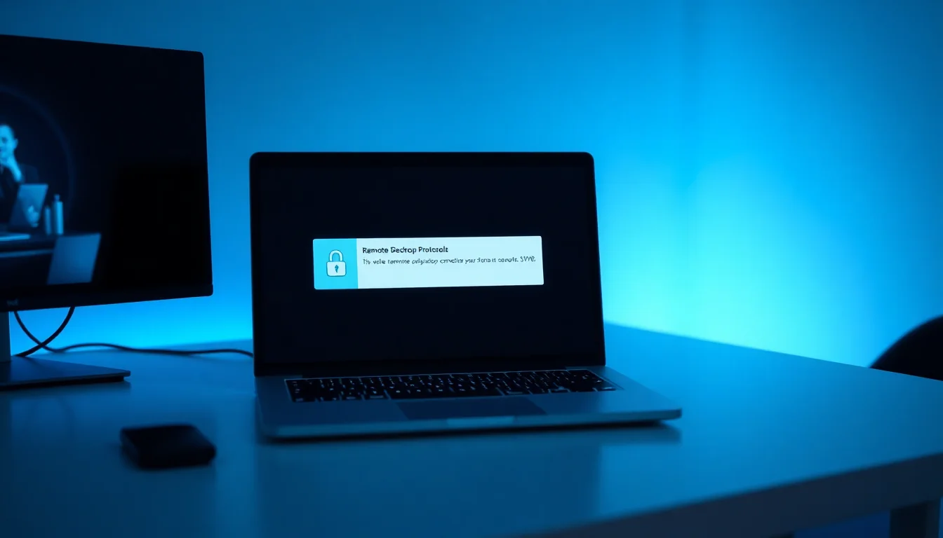 Windows 11 laptop on a dark desk showing a Remote Desktop connection error dialog with a VPN status indicator visible in the taskbar