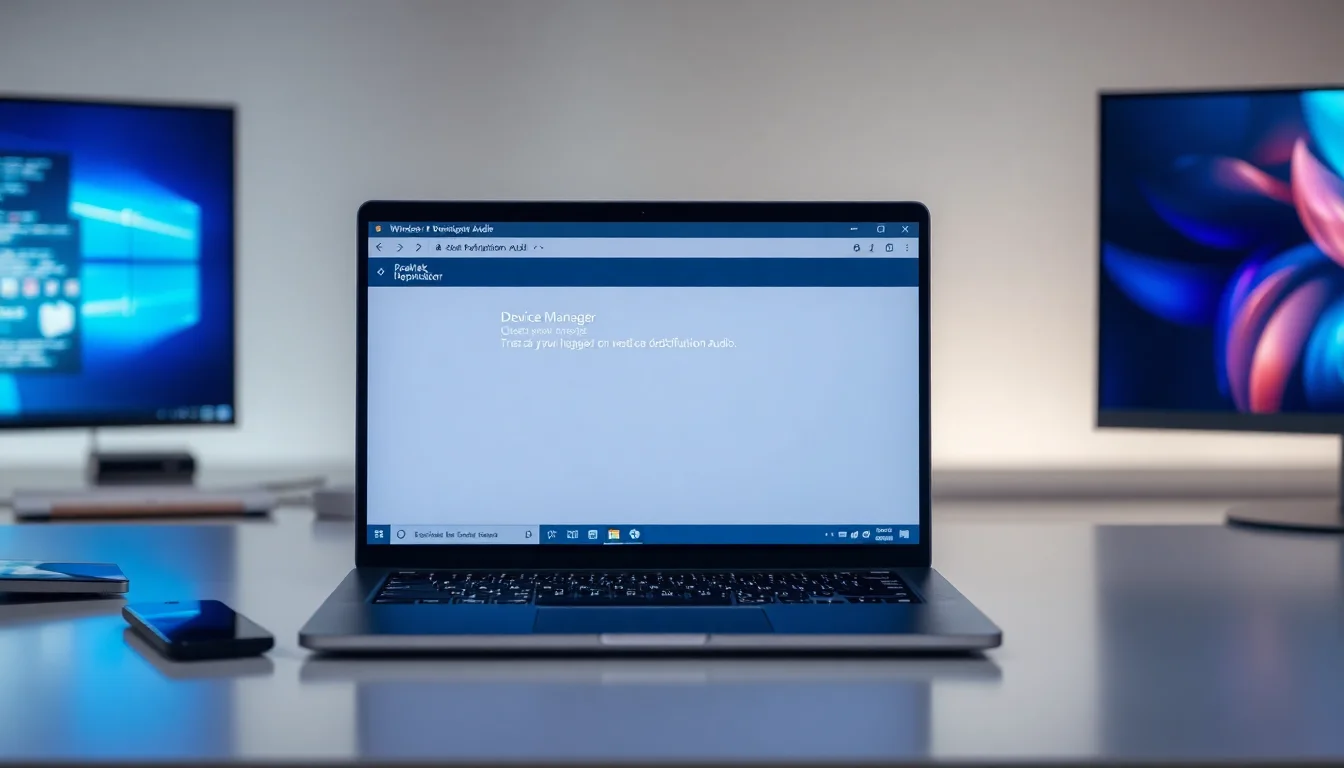 Dell laptop on dark desk showing Device Manager with Realtek audio driver error code 10, blue warning icon visible, professional office lighting