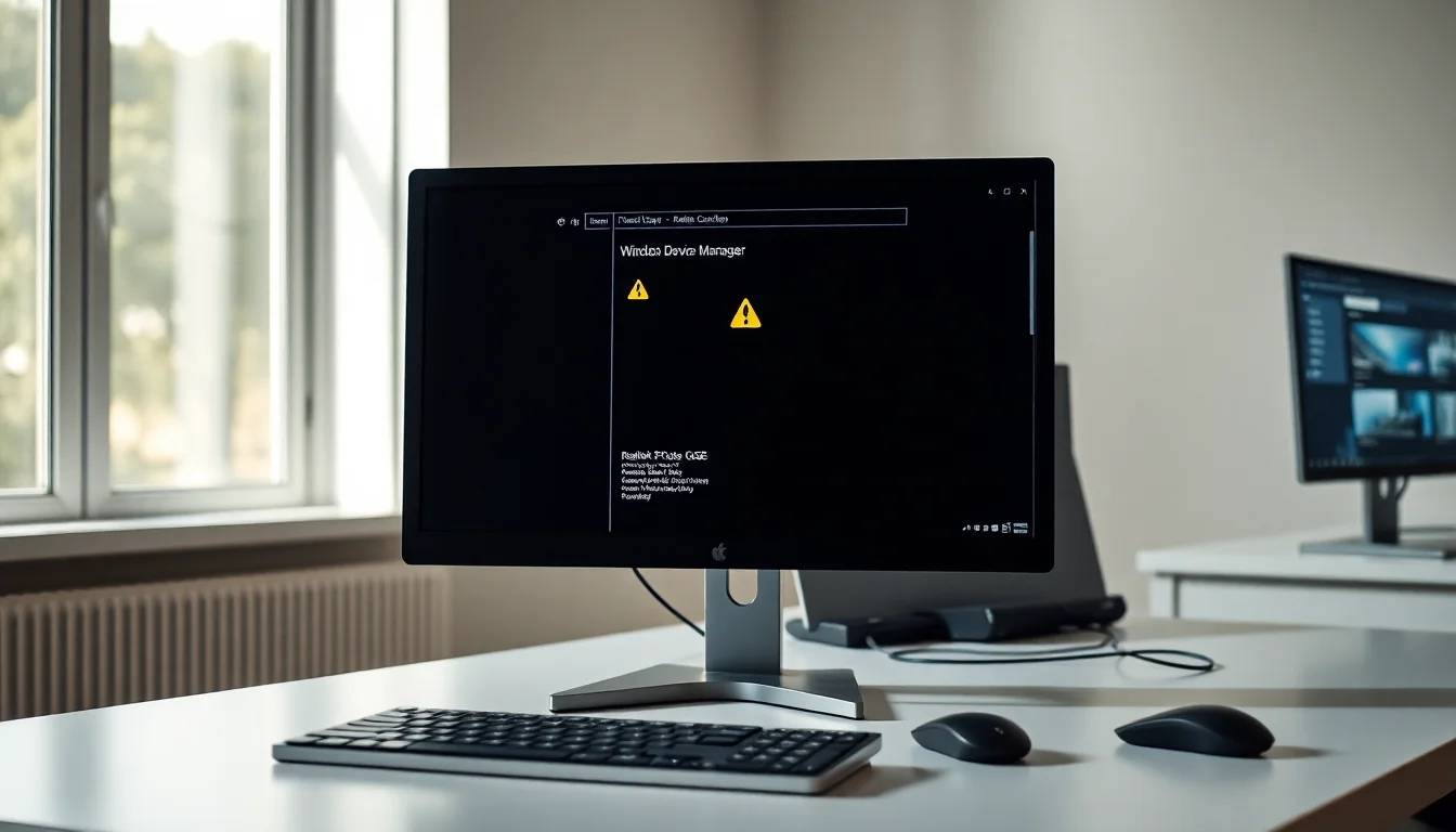 Windows Device Manager showing Realtek PCIe GbE Family Controller with yellow exclamation mark error code 52 on modern desktop setup