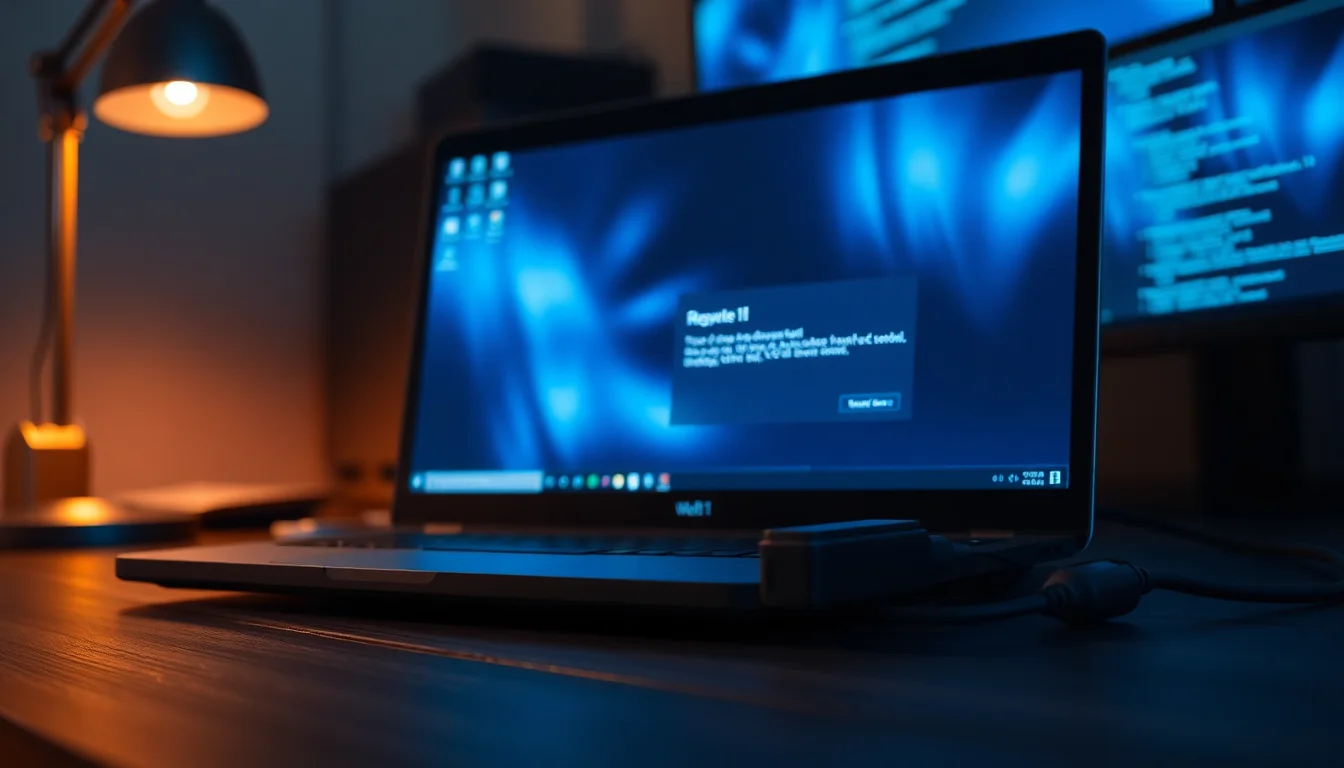 Windows 11 laptop on a dark desk showing a drive error warning on screen with an external USB drive connected beside it