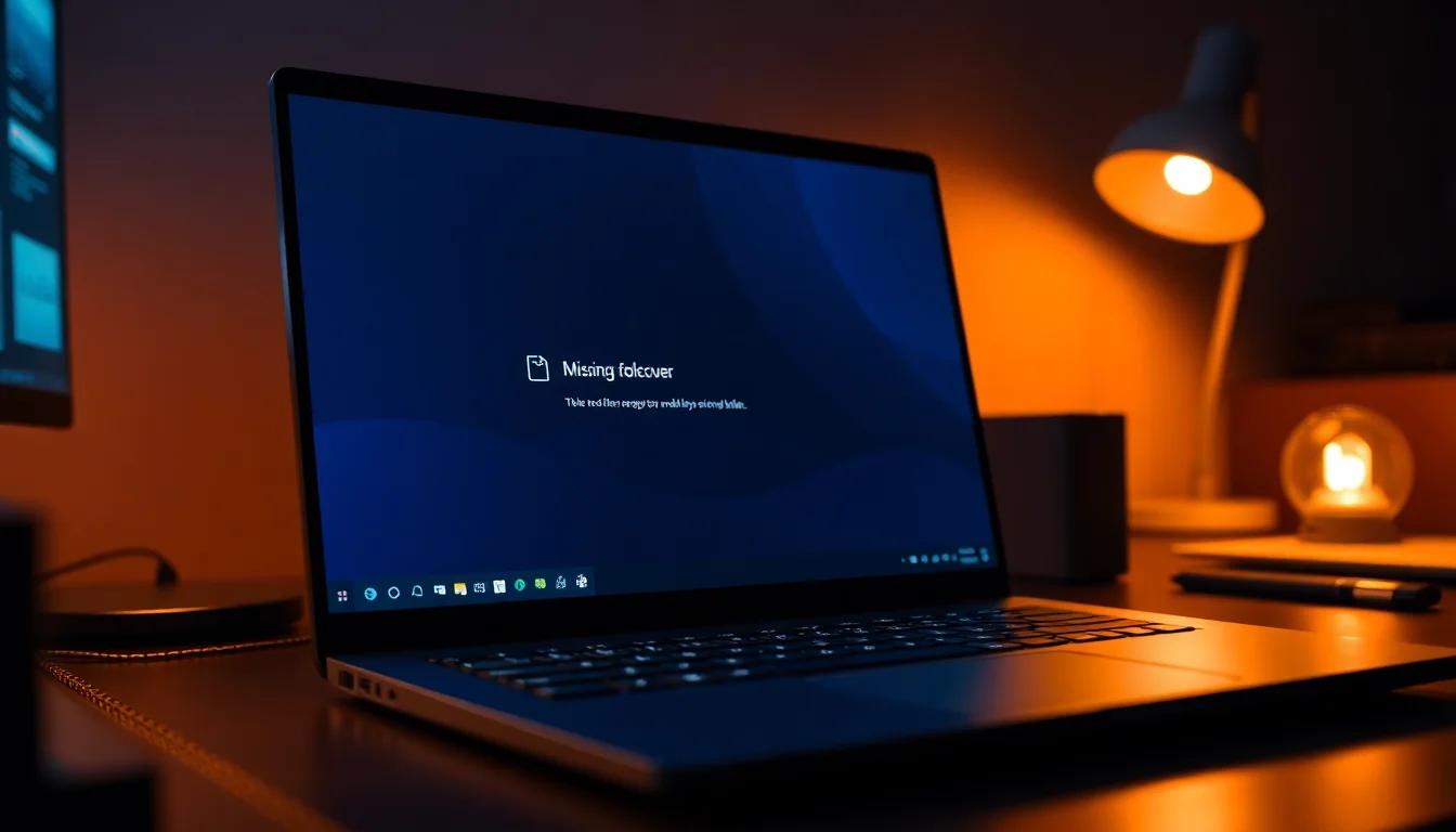 A Windows laptop on a dark desk showing a file recovery scan in progress with a folder icon and warning overlay on screen