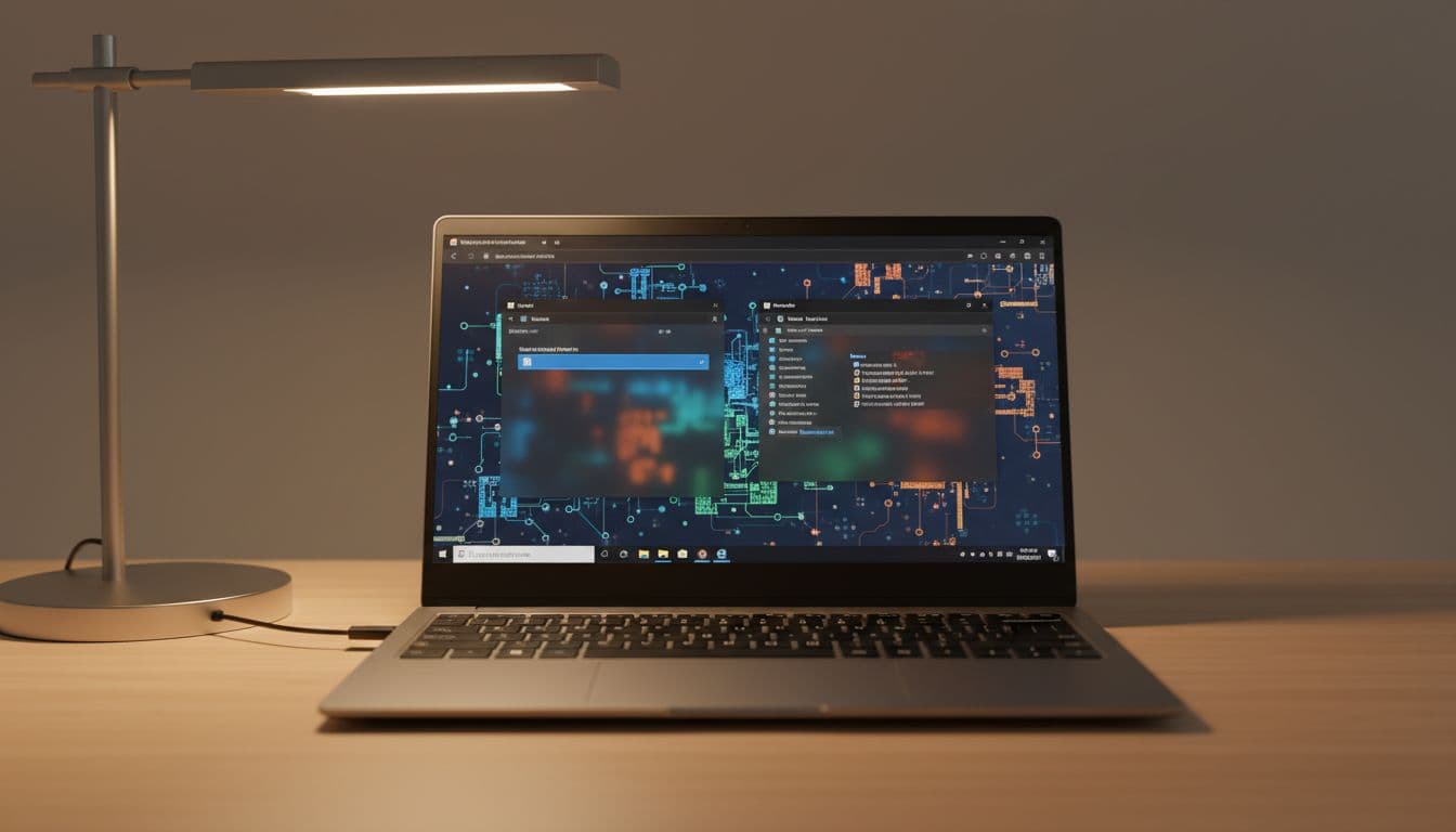 Windows laptop on a desk showing Microsoft Edge browser with empty favourites bar and open file explorer displaying Bookmarks.bak file