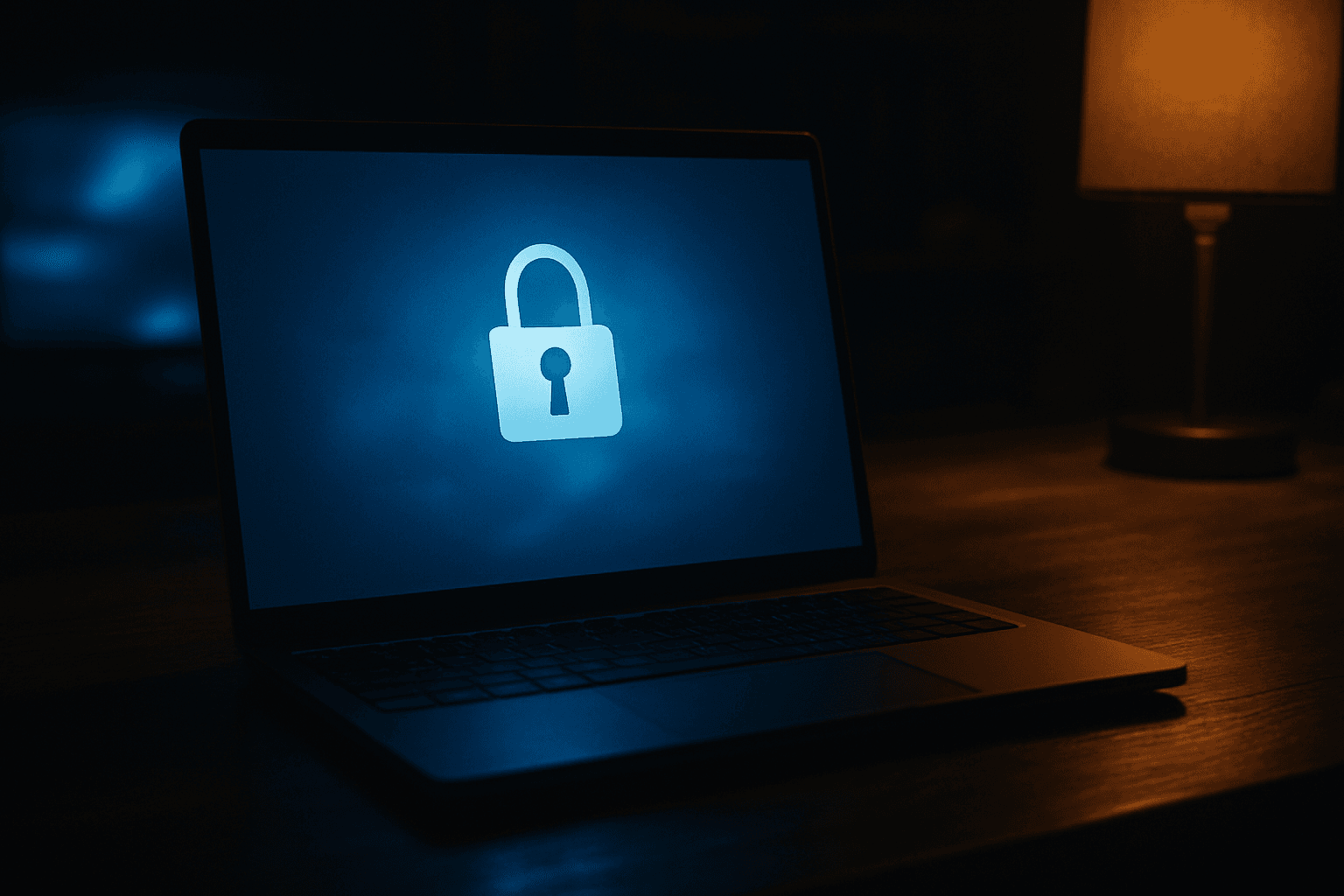 Windows 11 laptop on a dark desk showing a BitLocker recovery key prompt screen with a padlock icon, tense blue screen glow illuminating the keyboard