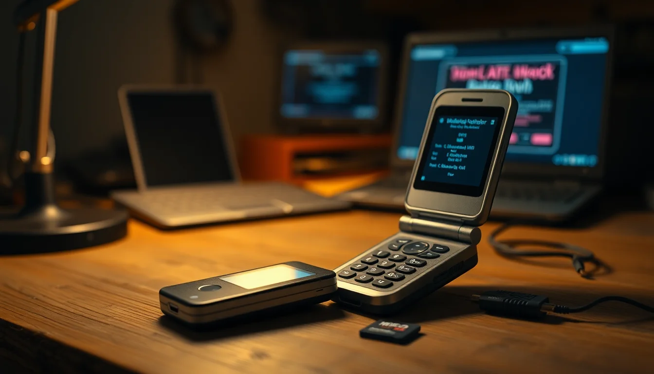An old clamshell flip phone sitting open on a wooden desk next to a USB card reader and microSD card, showing the phone screen with a photo gallery