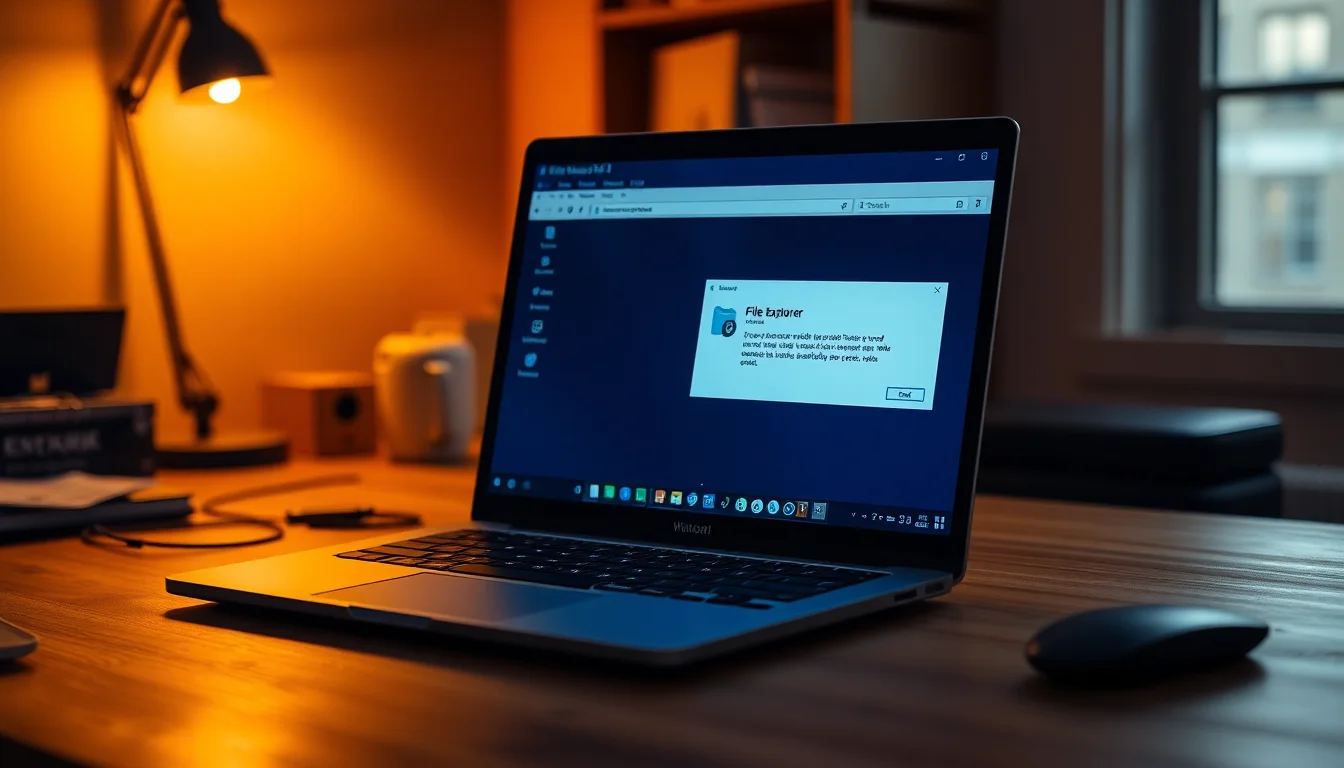 Windows 11 laptop on a desk showing File Explorer open with Pictures folder and recovery prompt on screen