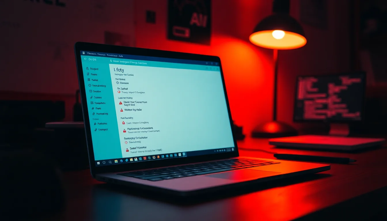 Windows laptop on dark desk showing encrypted .foty file extensions in File Explorer with red warning glow from screen