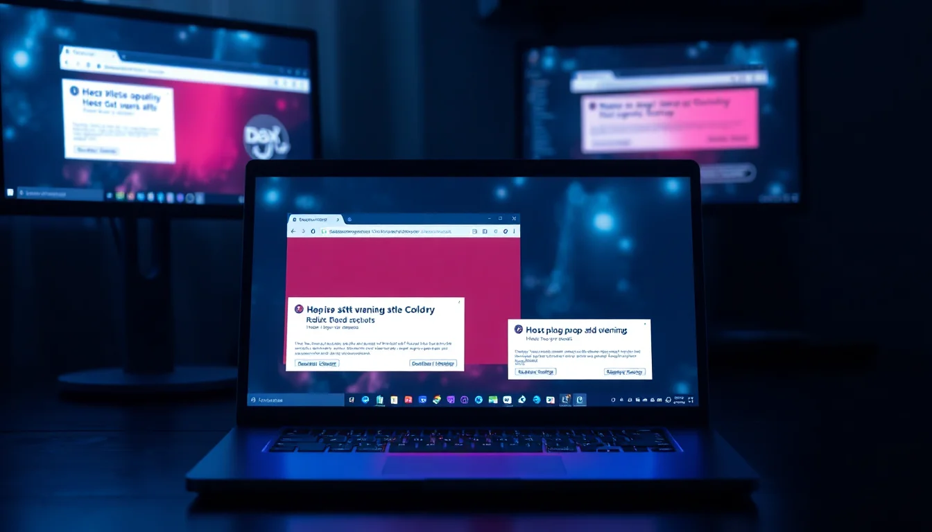 Windows laptop on a dark desk showing a browser flooded with pop-up redirect ads and warning overlays
