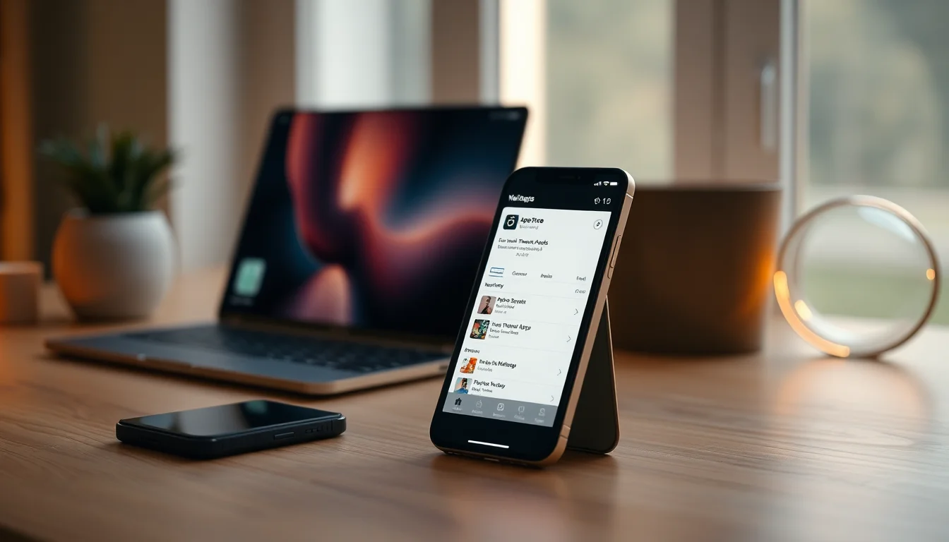 An iPhone showing the App Store Purchased list on a clean wooden desk with soft natural window light