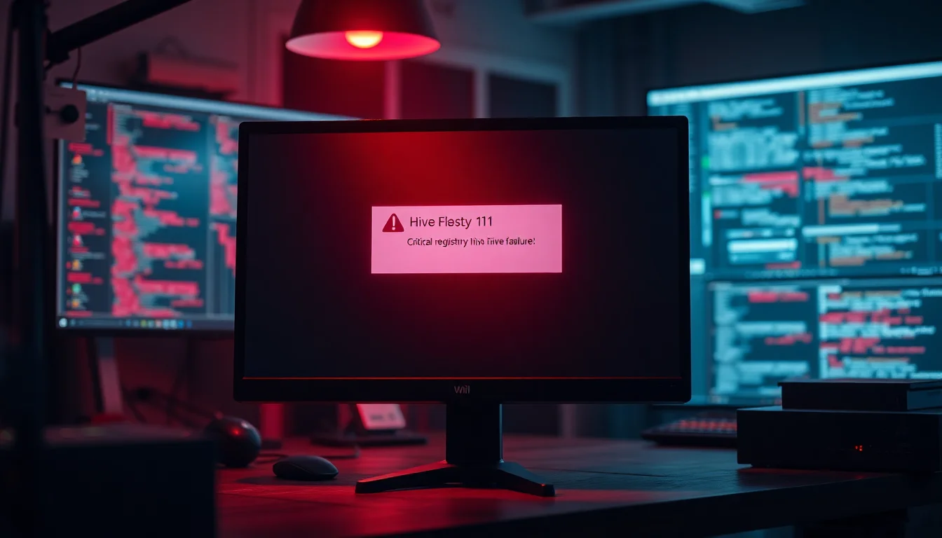 Windows desktop showing a blue screen registry hive flush error message on a dark office workbench with red emergency lighting