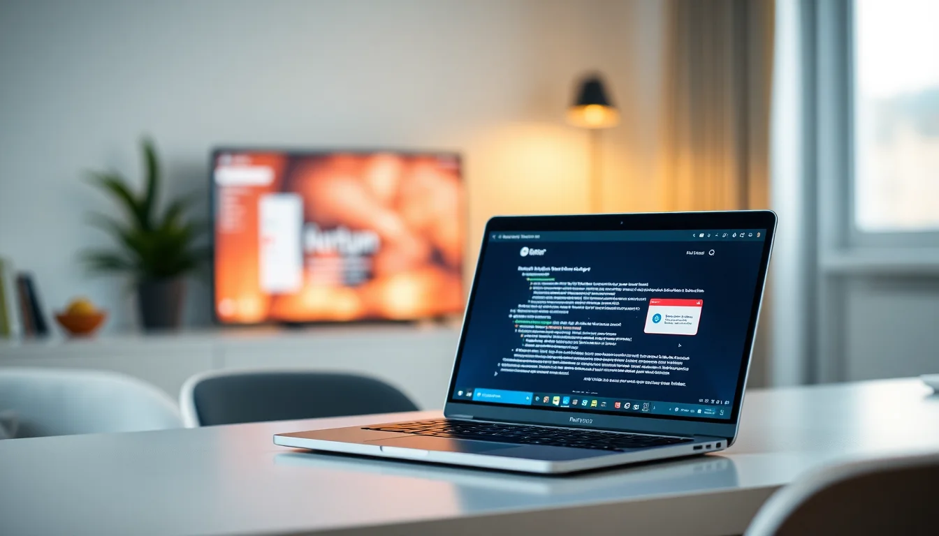 Laptop showing Chrome browser with suspicious homepage redirect warning and lock icon, desk setup with monitor and keyboard, cool blue security lighting, focused serious atmosphere