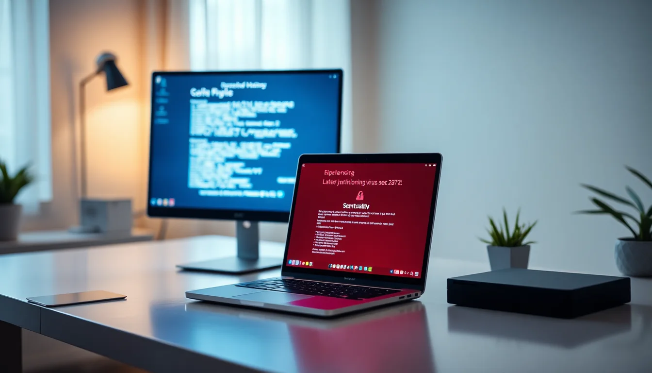 Windows laptop displaying fake virus alert popup warning with aggressive red banner and fake scan progress bar on modern desk with task manager open in background