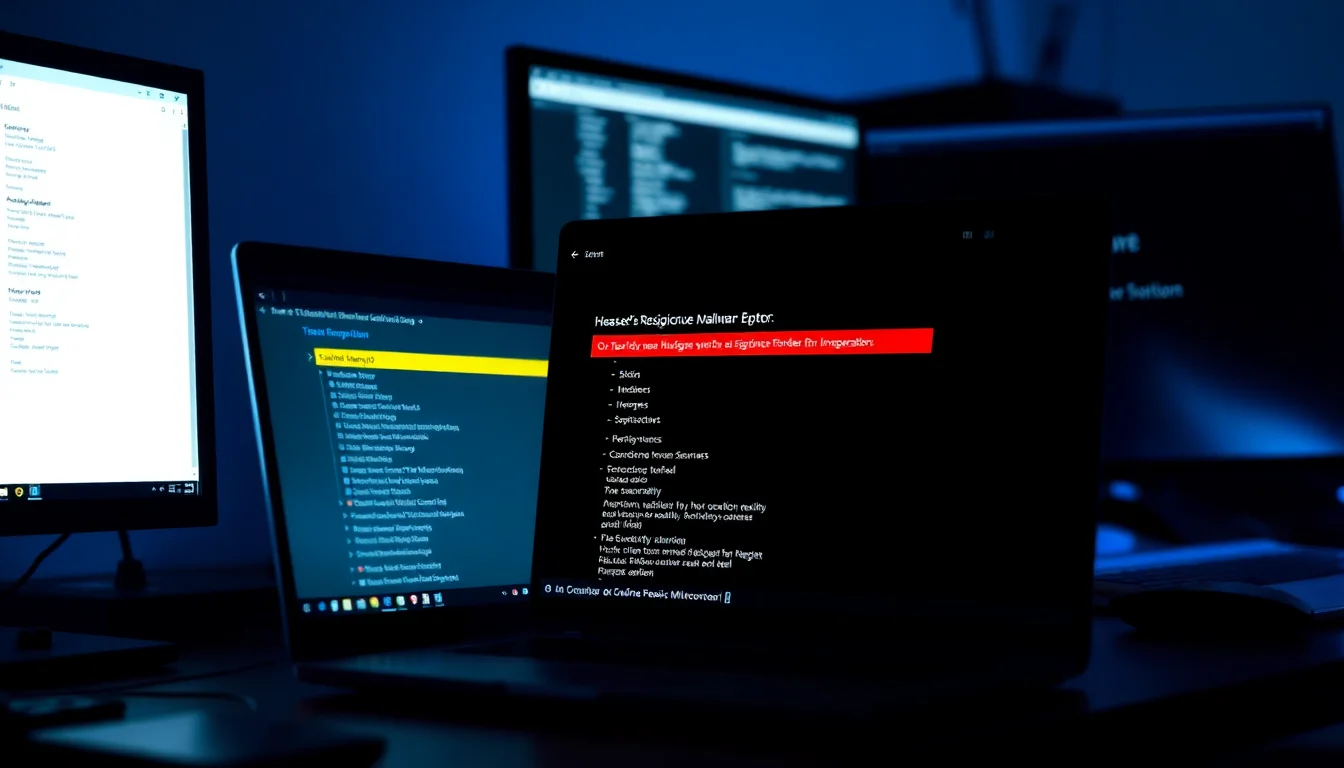 Windows 10 Task Manager showing suspicious process consuming CPU resources, with Registry Editor and Safe Mode boot screen visible in background, cold blue forensic lighting, focused technical atmosphere