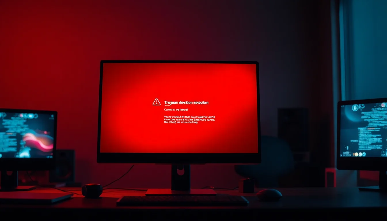Laptop screen displaying trojan virus warning alert with red security shield icon and scan progress bar on dark desk background