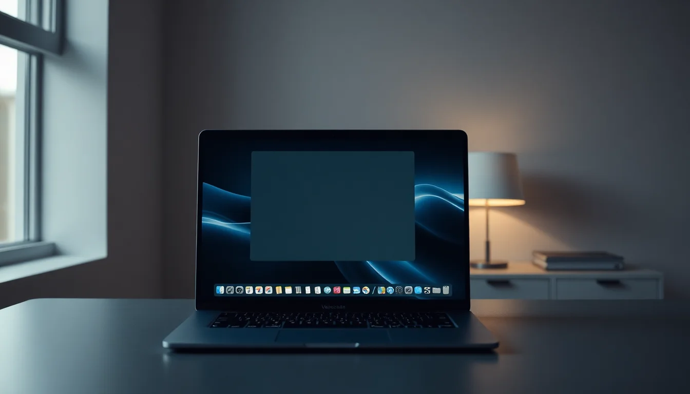 MacBook Pro on a clean desk showing a persistent gray volume overlay box on screen in macOS Sonoma
