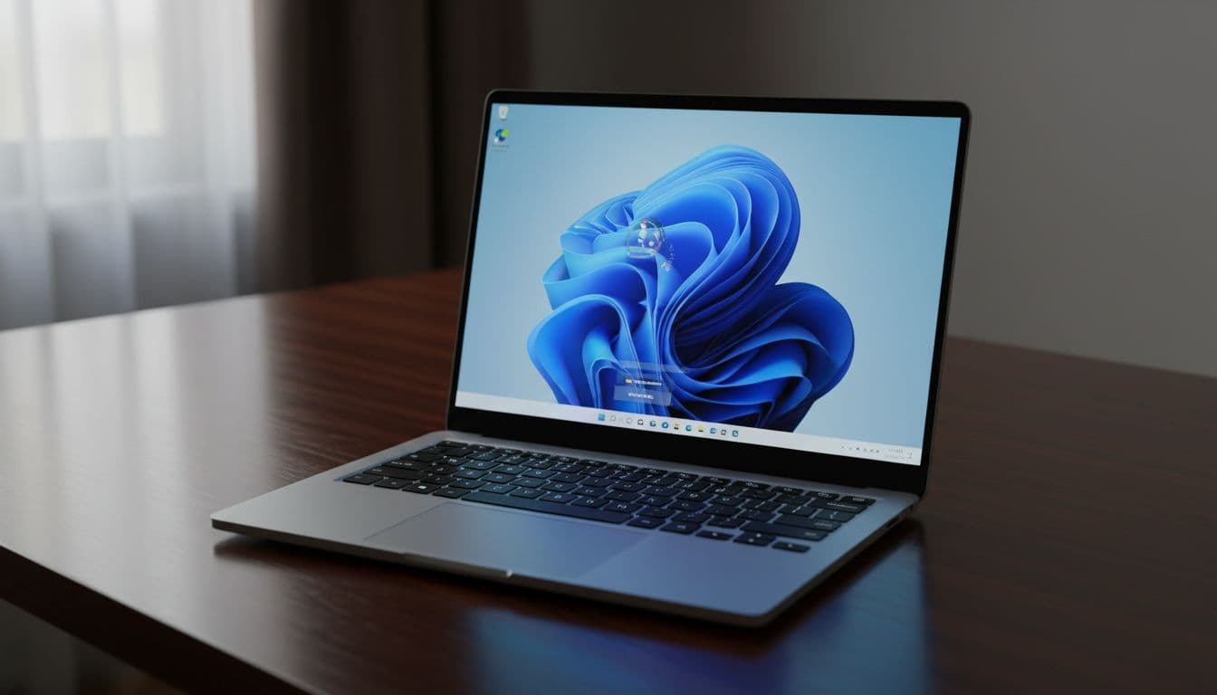 Windows 11 laptop on a dark desk showing the user accounts settings screen with administrator and standard user options visible
