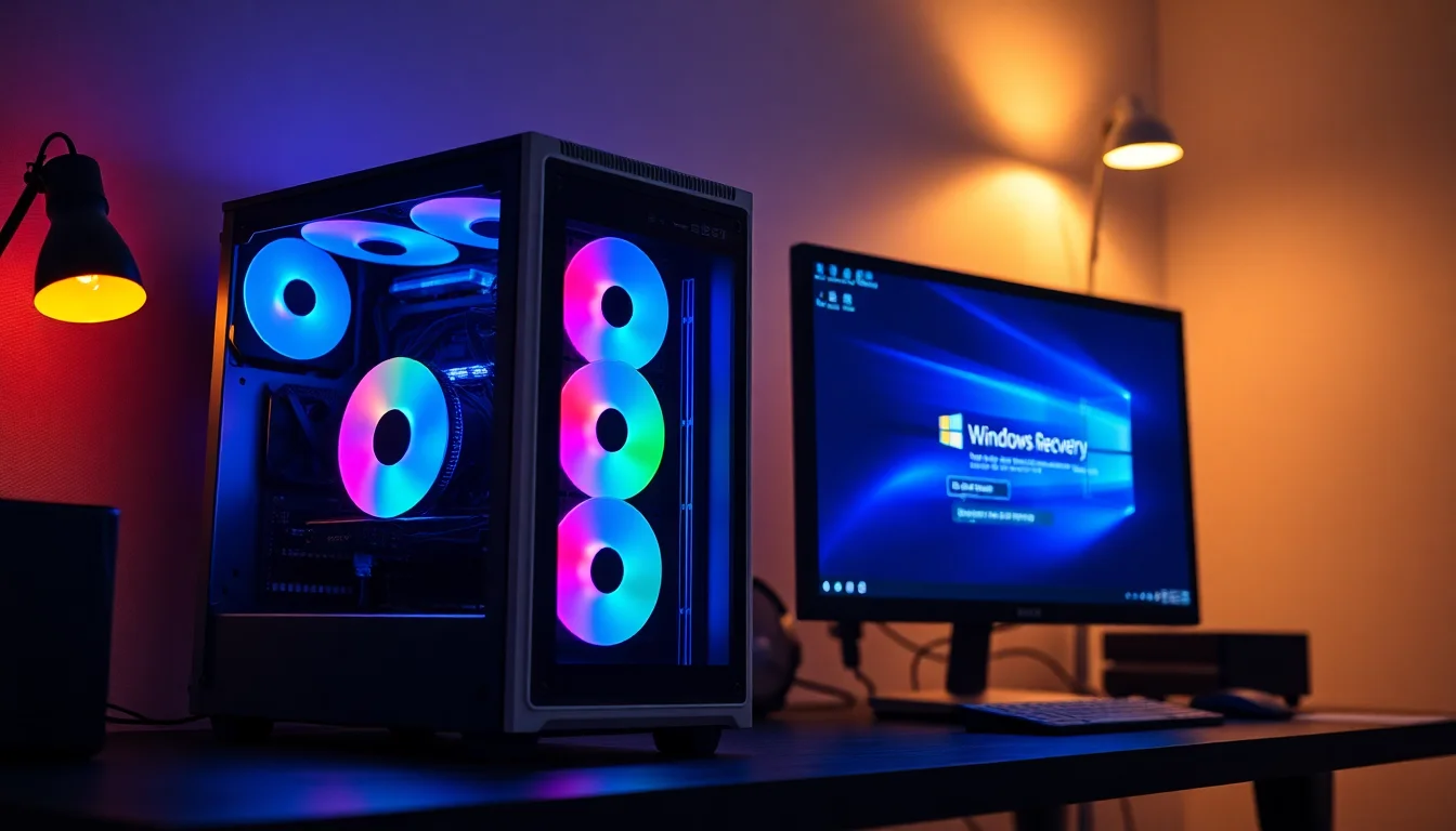 PC case with RGB fans glowing white fallback rainbow pattern on a dark desk with Windows recovery screen visible in background