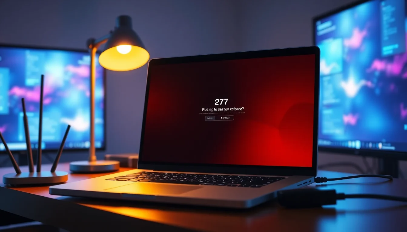Windows laptop showing Roblox error 277 disconnection message on desk with router and ethernet cable visible, warm desk lamp lighting, professional troubleshooting atmosphere