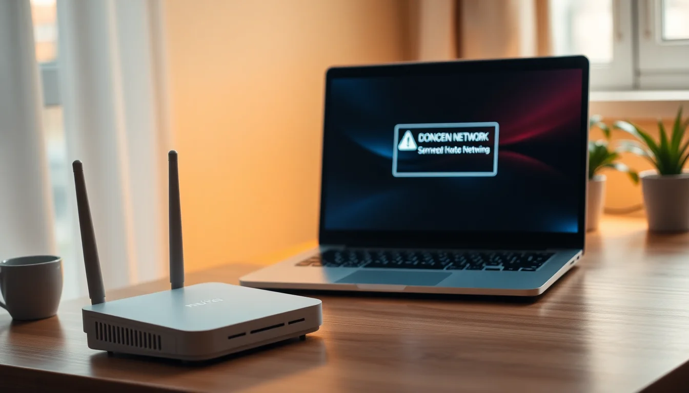 A home Wi-Fi router sitting on a wooden desk next to a Windows laptop showing a disconnected network icon in the taskbar