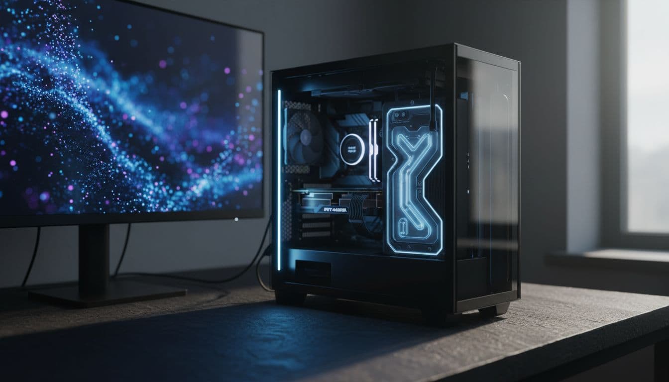 RTX 4090 graphics card installed in a PC build on a slate workbench with no display output showing on monitor
