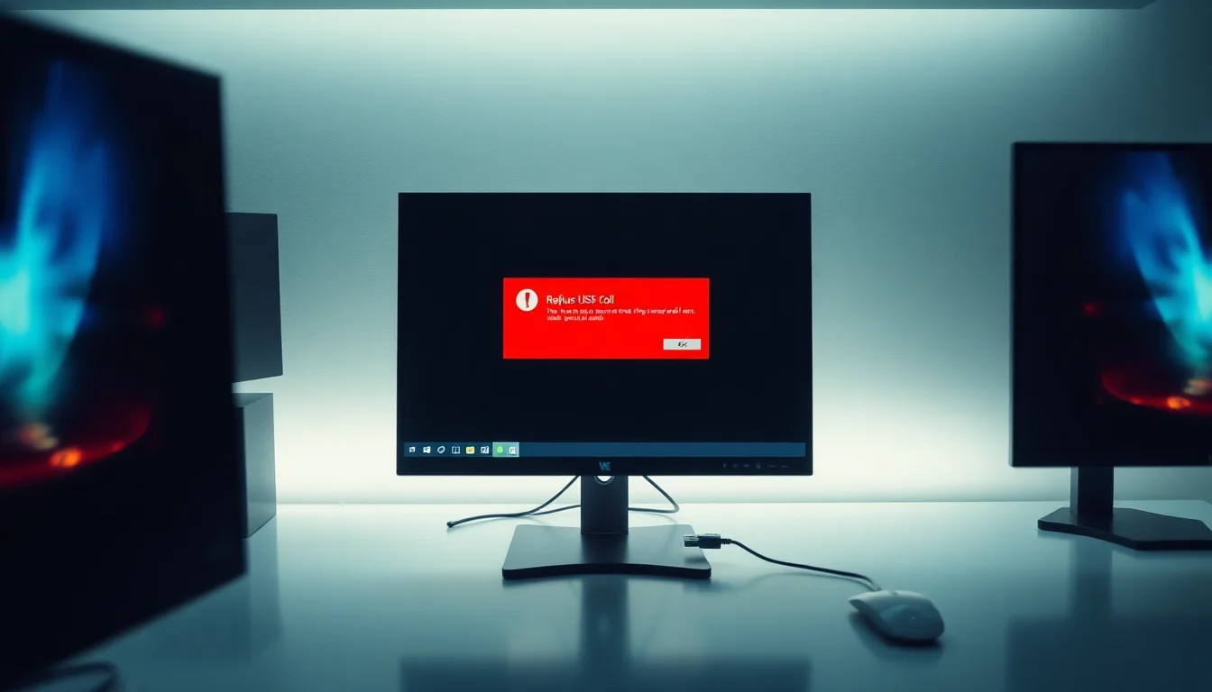 Rufus bootable USB creation software showing an error message on a Windows 11 desktop with a USB drive plugged in
