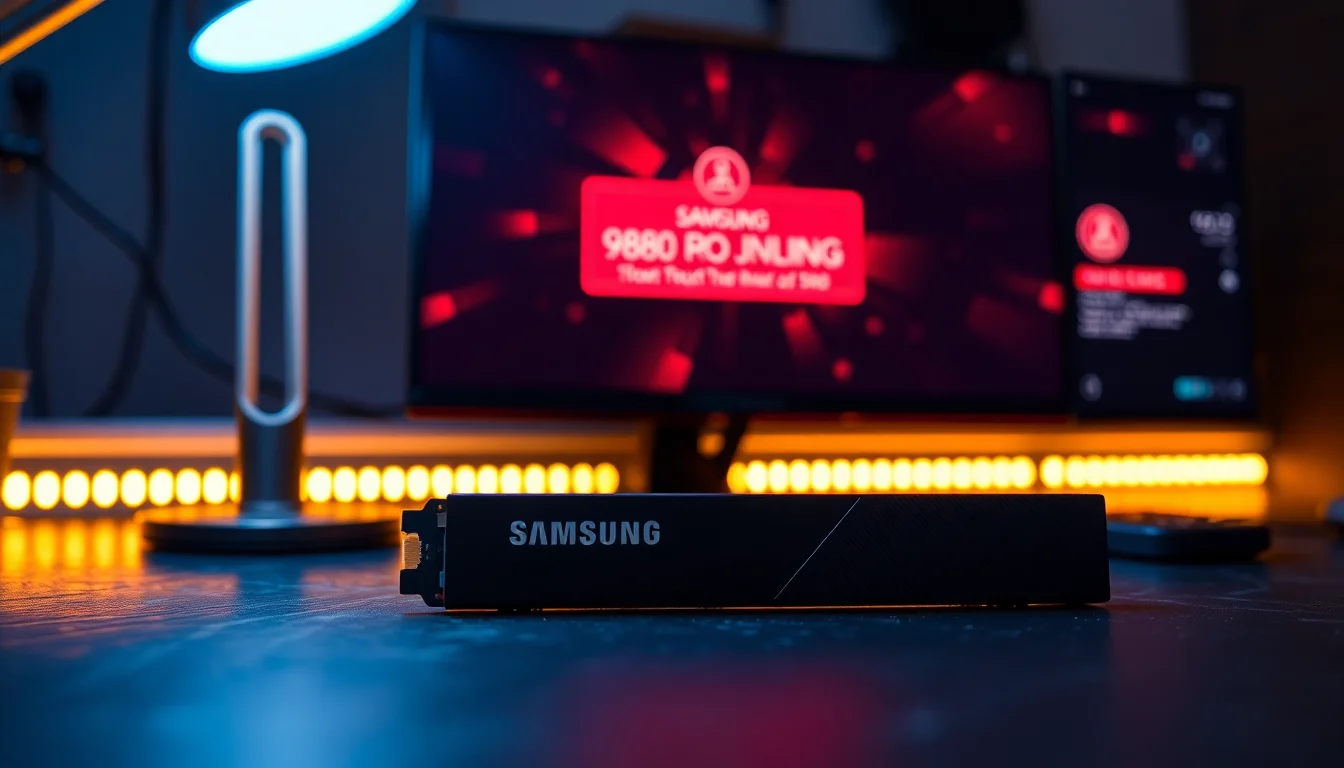 Samsung 980 Pro 2TB NVMe SSD on a dark slate workbench showing Samsung Magician health warning on a monitor beside it
