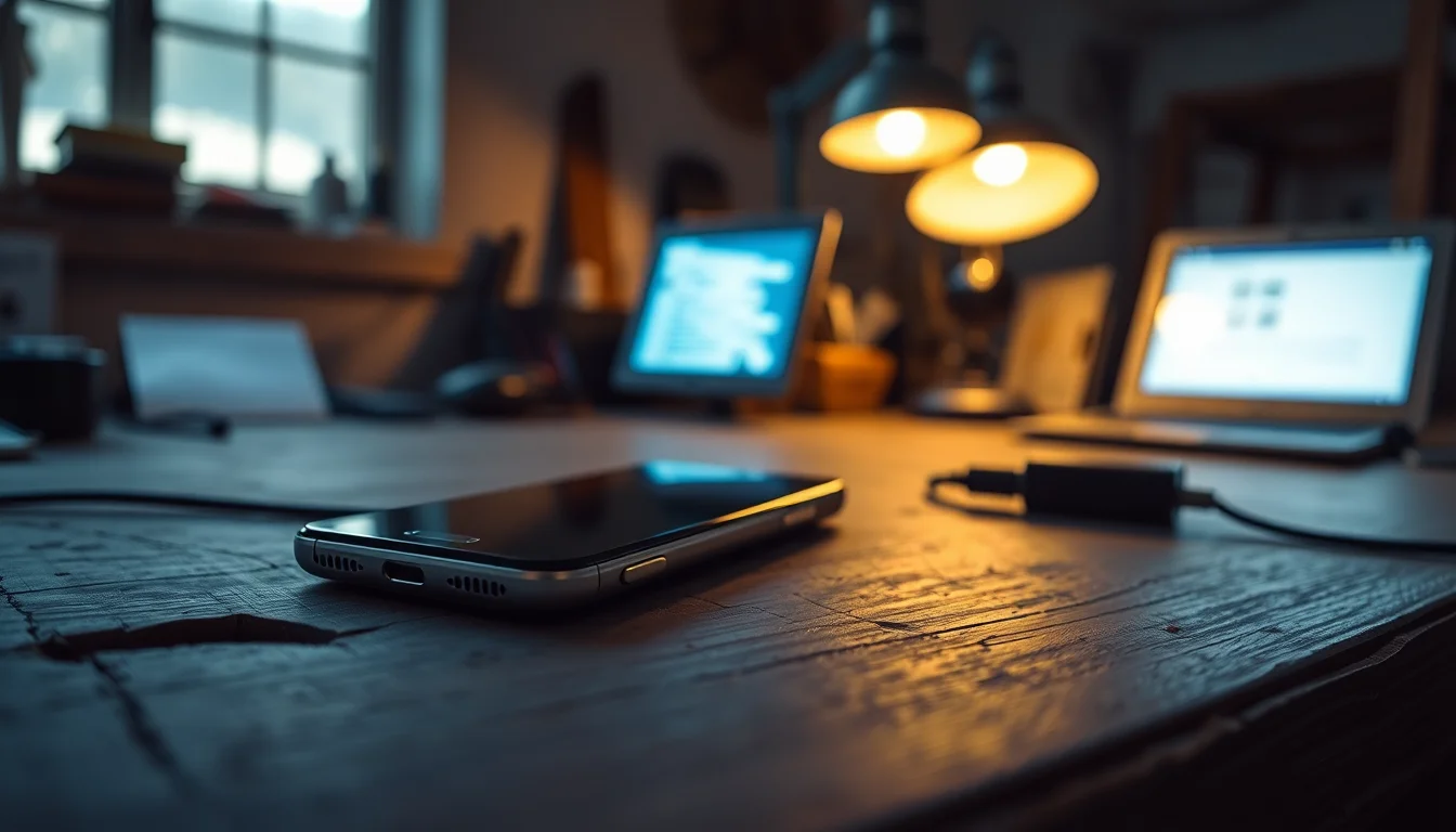 Samsung M14 5G smartphone face-down on a wooden desk after being dropped, screen dark and unresponsive