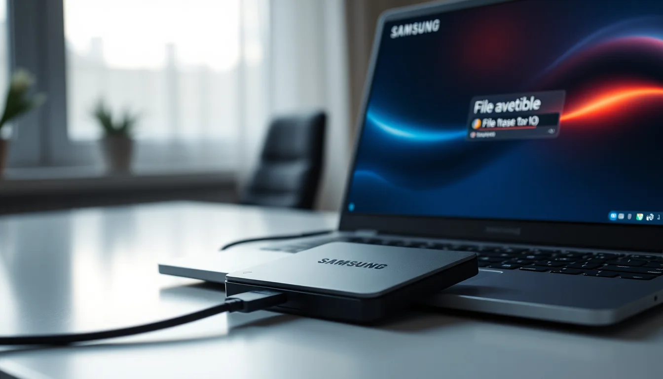 Samsung T7 Shield external SSD connected to a laptop USB port on a modern desk showing slow transfer speed