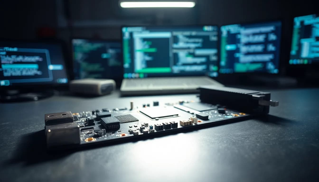 Close-up of a scratched motherboard PCB showing visible damage on the surface next to circuitry, under bright diagnostic lighting on a clean workbench