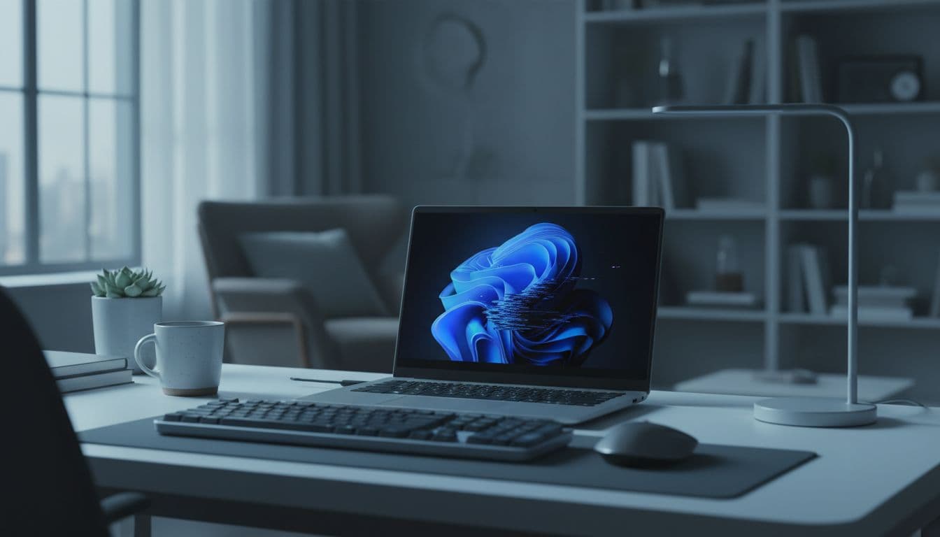 Windows laptop on a desk showing a black flickering screen during a video call screensharing session