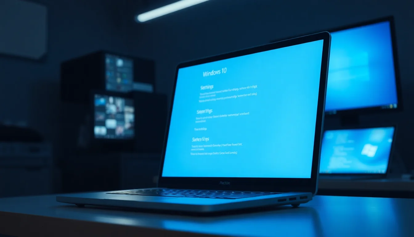 Windows 10 laptop displaying screen flicker issues on desk with system settings visible, soft blue monitor glow in dark workspace, focused technical atmosphere