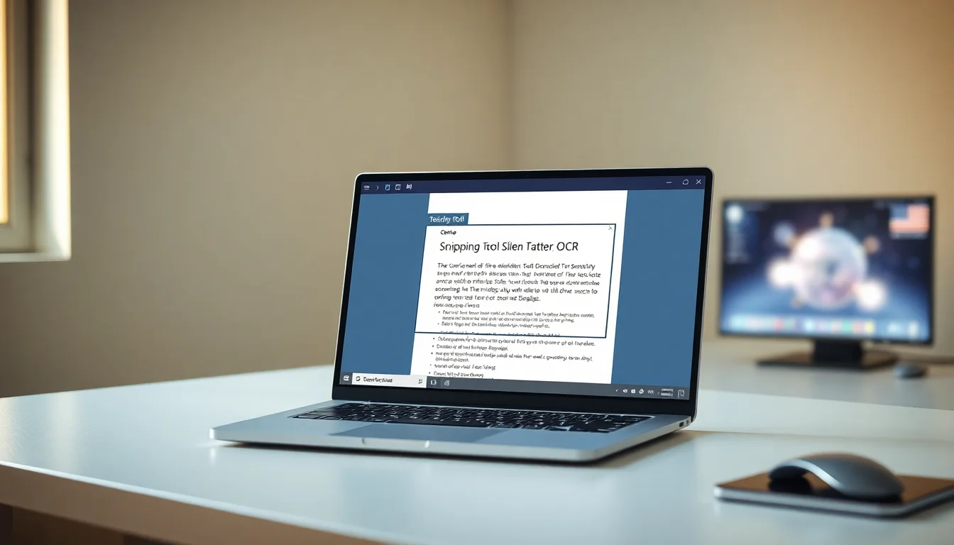 Windows 11 laptop on office desk with Snipping Tool interface and OCR text selection overlay visible, soft warm lighting from window, clean focused atmosphere