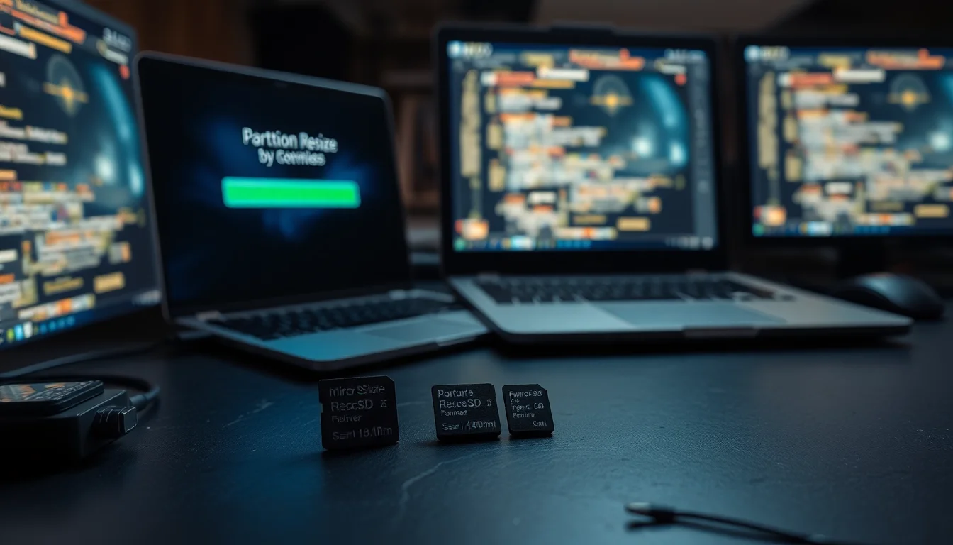 Two SD cards on a slate workbench beside a laptop showing a partition manager with a shrinking progress bar