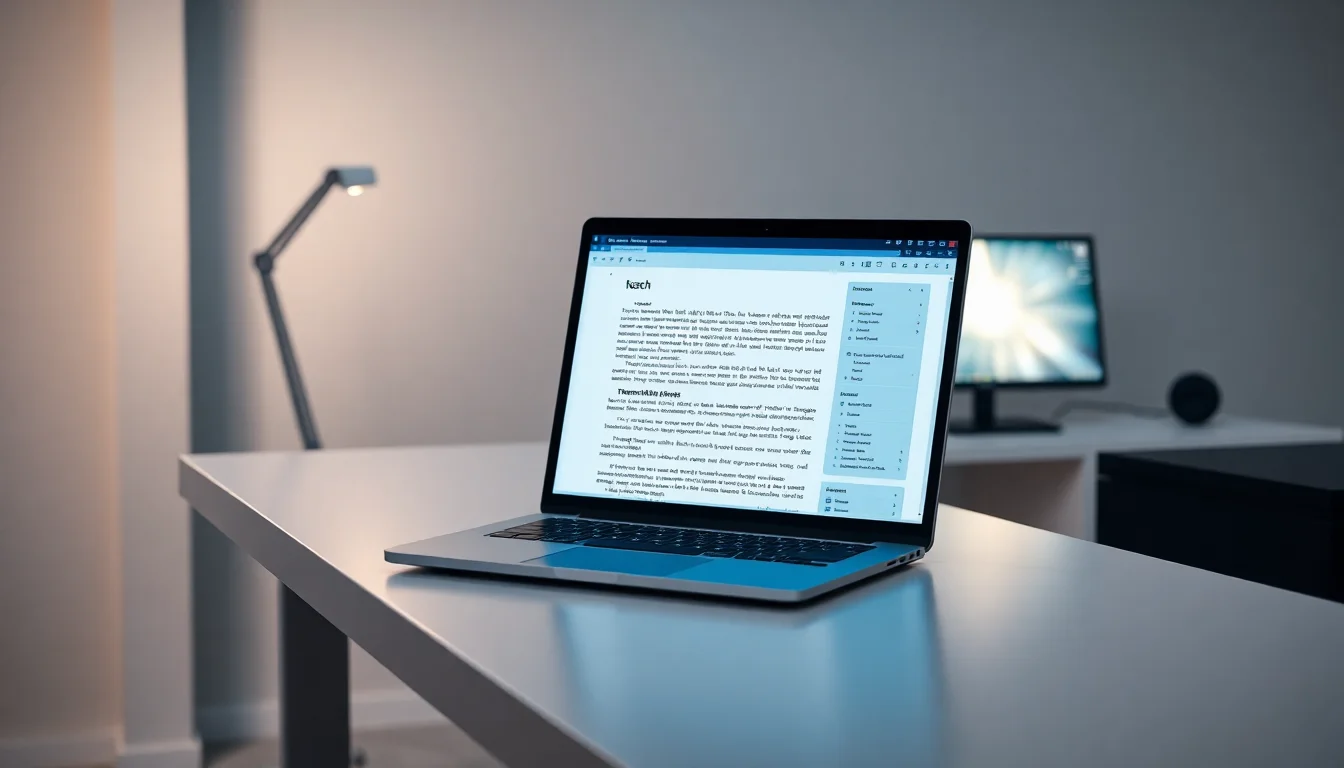 Windows 11 laptop on a clean desk displaying a PDF document with visible text selection cursor and search panel open