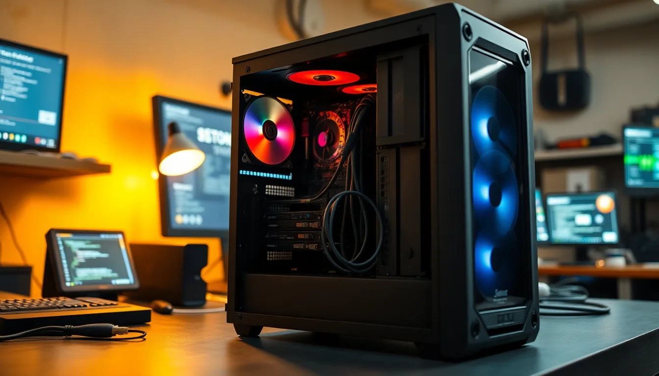 An open desktop PC case on a workbench showing two SATA hard drives with cables connected to motherboard