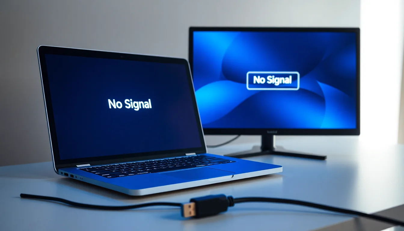 Windows 11 laptop with second monitor showing no signal error on desk with HDMI cable disconnected