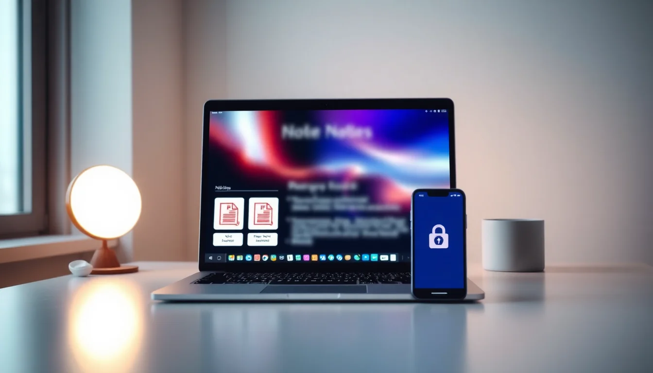 A Windows laptop and Android phone side by side on a desk showing a notes application with PDF attachments and encrypted lock icons
